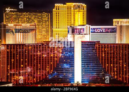 LAS VEGAS, NEVADA - FEBRUARY 23, 2020: Evening view across Las Vegas from above with lights and  resort casino hotels in view. Stock Photo
