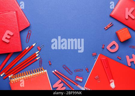School supplies on color background Stock Photo