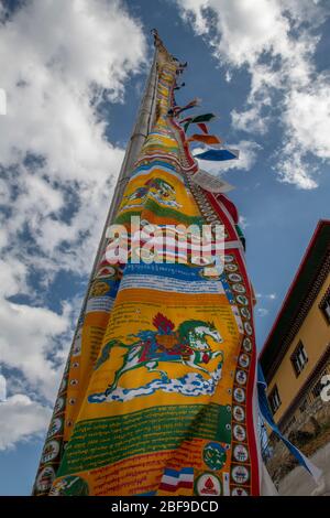 Bhutan, Zilukha, Thimphu. Windhorse paryer flags aka Lung-ta in Tibetan. The Windhorse is a legendary Tibetan creature that carries prayers. Stock Photo