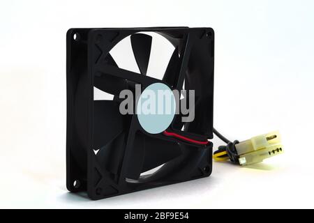 One black plastic fan for desktop computer or notebook for cooling processor and other components isolated on white background. Stock Photo
