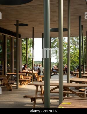 Wendover Woods Visitors Centre terrace through columns. Wendover Woods Visitor Centre, Aylesbury, United Kingdom. Architect: Re-Format, 2018. Stock Photo