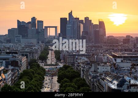 The Central Business District in Paris at sunset, as seen from the Arc de Triomphe Stock Photo