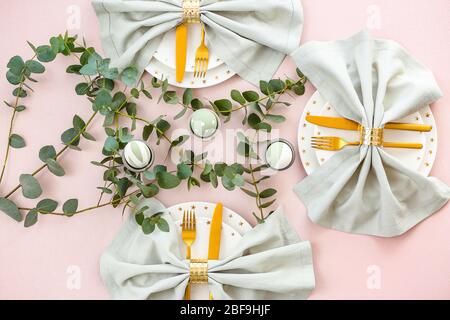 Beautiful table setting for Easter celebration Stock Photo