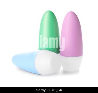 Different deodorants on white background Stock Photo