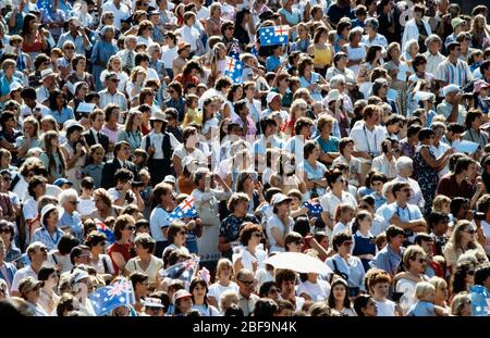 CROWDS: In a time of social distancing, here is a look back at events around the World that I have photographed, where hundreds, or thousands of people have been crammed close together. These are scenes that we are unlikely to see repeated for a long time. Photo shows: Crowd in Australia waits to see Prince Charles and Princess Diana in 1983 Photo Credit: David Levenson Stock Photo