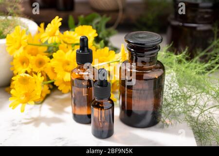 Herbal oil, essential oil, perfume on amber glass bottles. Natural beauty care products Stock Photo