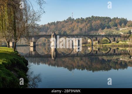 Bridge of Ponte da Barca, ancient portuguese village, on Minho river, north of Portugal Stock Photo