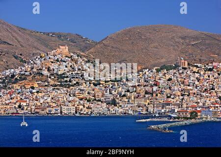 View of Ermoupolis or ('Hermoupolis') & Ano Syra, Syros island, Cyclades, Aegean sea, Greece. Stock Photo