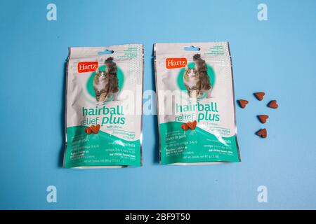 April 11, 2020: Halifax, Canada: A package of chewy cat hairball treats made by Hartz Stock Photo