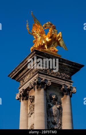 The Fame of the Arts Gilt Bronze Statue, Pont Alexandre III, Paris, France Stock Photo