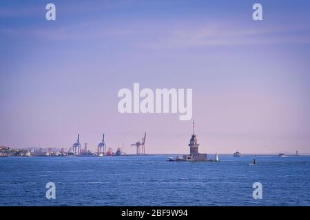 Landscape of the Maiden's Tower. The Maiden's Tower is on the waters of Uskudar and it can be considered as the cornerstone of the Bosphorus. Stock Photo