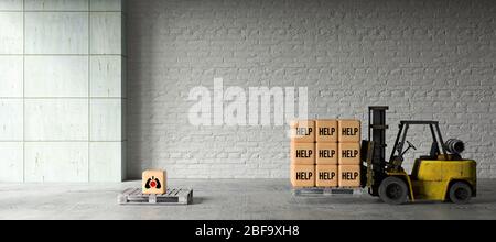 forklift with wooden boxes and the word HELP in front of brick wall background - 3D rendered illustration Stock Photo