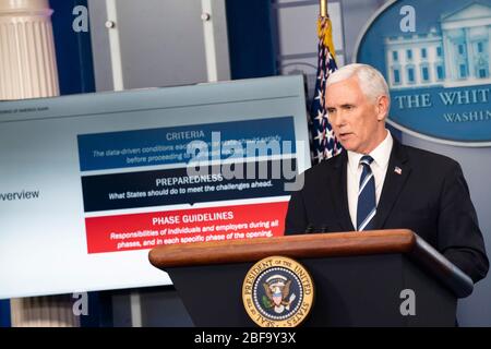 Washington, United States Of America. 16th Apr, 2020. Washington, United States of America. 16 April, 2020. U.S. Vice President Mike Pence answers reporters questions during the daily COVID-19, coronavirus briefing in the Briefing Room of the White House April 16, 2020 in Washington, DC. Credit: Andrea Hanks/White House Photo/Alamy Live News Stock Photo