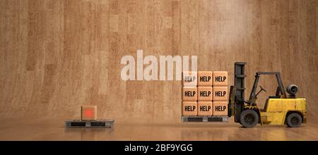 forklift with wooden boxes and the word HELP in front of wooden background - 3D rendered illustration Stock Photo