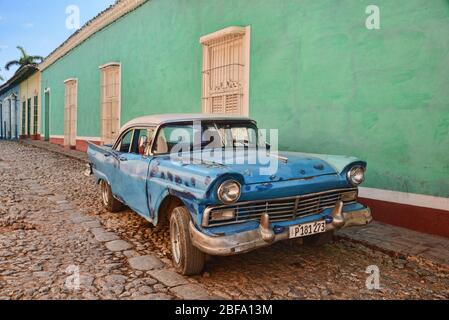 Vintage Chevy in UNESCO World Heritage Trinidad, Cuba Stock Photo