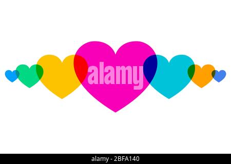 Overlapping multicolored heart shapes in a row. Heart symbols for use as background or for greeting cards to express emotions such as romantic love. Stock Photo
