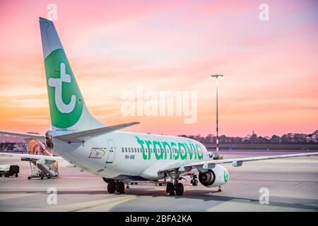 Rotterdam, Netherlands. 17th Apr, 2020. ROTTERDAM, 15-04-2020, Six Transavia airplanes are grounded because of the Coronavirus at Rotterdam-The Hague Airport. Zes Transavia toestellen staan al weken aan de grond vanwege de corona maatregelen. Credit: Pro Shots/Alamy Live News Stock Photo