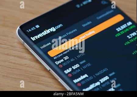 New-York , USA - April 17 , 2020: Investing indices menu close up view on smartphone screen Stock Photo