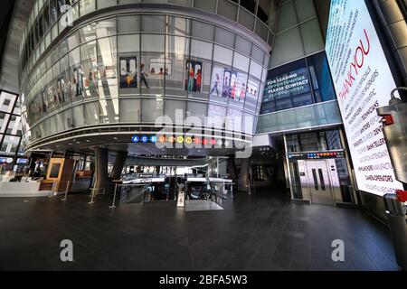 Empty Fulton Street Subway Station in New York City on PAUSE during Coronavirus COVID-19 Pandemic Stock Photo