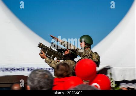 Izmir, Turkey - October 29, 2015: Two soldiers with a rocket launcher one is aiming. Stock Photo