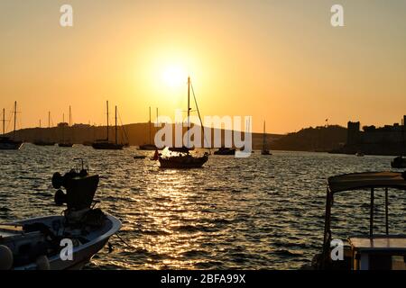 Bodrum Downtown with castle, beach and marina. View of Bodrum Beach, traditional white houses, boats, yachts in Bodrum town Turkey. Stock Photo