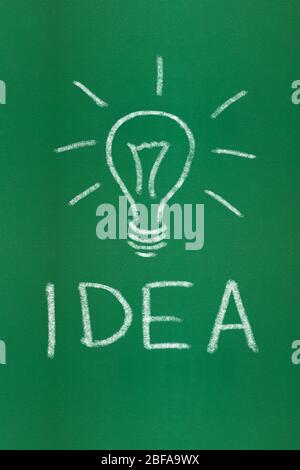 Light bulb drawn with white chalk on green chalkboard, an idea concept. Stock Photo
