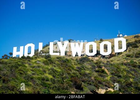 Iconic Hollywood sign in Hollywood Hills, Los Angeles, California. Blue sky, centred, landscape format, copy space. Stock Photo