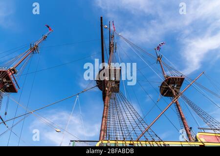 Backside of the VOC Ship at the Scheepvaartmuseum in Amsterdam. This ship is an exact replica of the one that was wrecked in a storm in 1749 Stock Photo