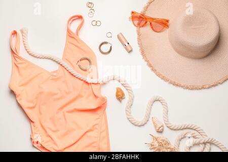 Summer composition with beach accessories on white background Stock Photo