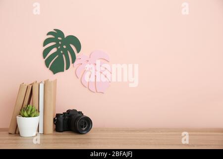 Modern stylish workplace near color wall Stock Photo