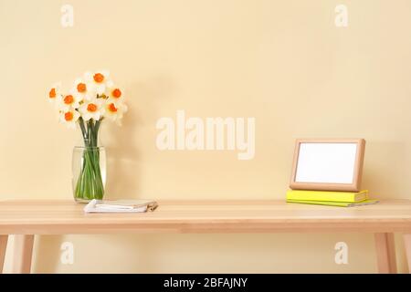 Modern stylish workplace near color wall Stock Photo