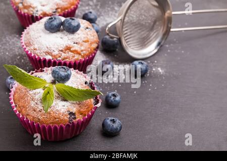 Delicious blueberry muffins powdered with icing sugar Stock Photo