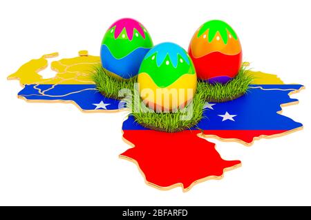 Easter holiday in Venezuela, Easter eggs on the Venezuelan map. 3D rendering isolated on white background Stock Photo
