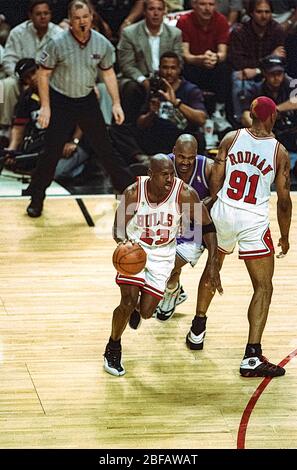 Michael Jordan competing against the Utah Jazz during the 1997 NBA Finals Stock Photo