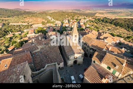 Top view of the medieval village of Capalbio, province of Grosseto, Tuscany, Italy. Historic buildings in the hills. Stock Photo