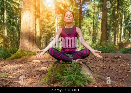 Woman meditating in woodland setting, morning yoga in the forest.