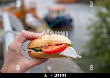 Man eating typical North German fish bun with herring, onions, cucumber and a tomato Stock Photo