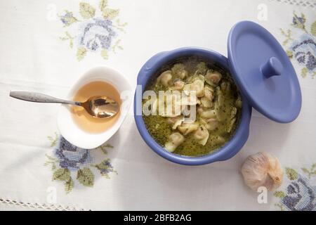 Chuchpara, kind of dumpling, which is popular in Central Asia, Kyrgyz, Azerbaijan cuisine, Traditional assorted dishes, Top view. Traditional Stock Photo