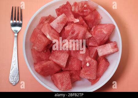 Close up of slice of watermelon in a bowl  Stock Photo