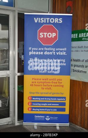 GREYMOUTH, NEW ZEALAND; APRIL 11, 2020: Signage restricts visitors to the Greymouth Base Hospital during the level 4 lockdown in New Zealand, April 11,  2020 Stock Photo