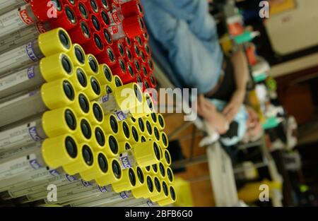 A rack of blood samples in Vacutainer test tubes Stock Photo