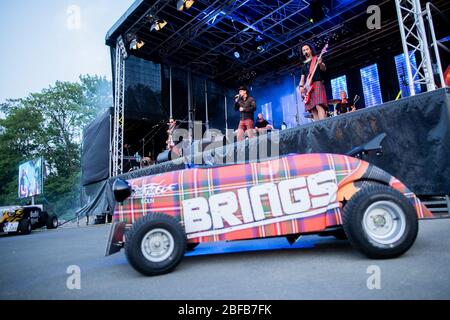 Cologne, Germany. 17th Apr, 2020. The rock band 'Brings' plays a live concert in a drive-in cinema. Credit: Rolf Vennenbernd/dpa/Alamy Live News Stock Photo