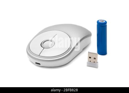 Silver glossy wireless mouse with round scroll wheel, transmitter and rechargeable lithium battery isolated on white background Stock Photo