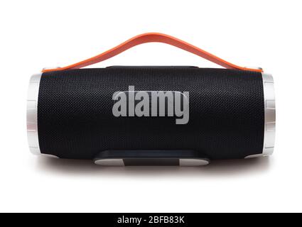 Black Portable Bluetooth Speaker with silicone orange handle isolated on White Background back view with control buttons Stock Photo