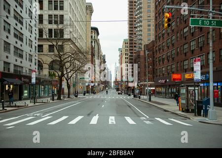 Looking down Broadway during typically peak traffic hours during the COVID19 epidemic. Stock Photo