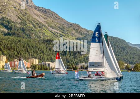 Sailing boats during the match race on the St.Moritz Lake 2019, St.Moritz, Switzerland Stock Photo