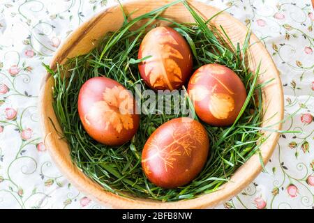 Traditional Easter eggs dyed with red onion and decorated with small plant leaves in wooden bowl filled with grass, Hungary. Step 3 of 3. Stock Photo