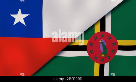 Two states flags of Chile and Dominica. High quality business background. 3d illustration Stock Photo