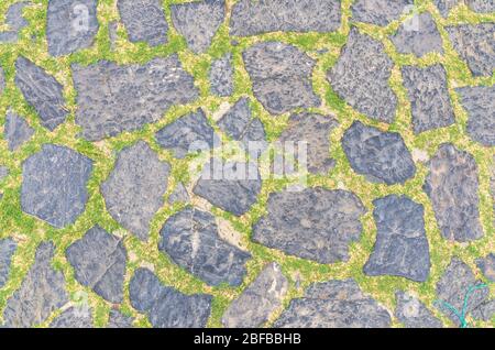 Cobblestone pavement background with copy space. Abstract old close-up cobble stone texture. Paving stone patterned street view from above, paving til Stock Photo