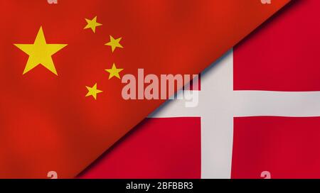 Two states flags of China and Denmark. High quality business background. 3d illustration Stock Photo